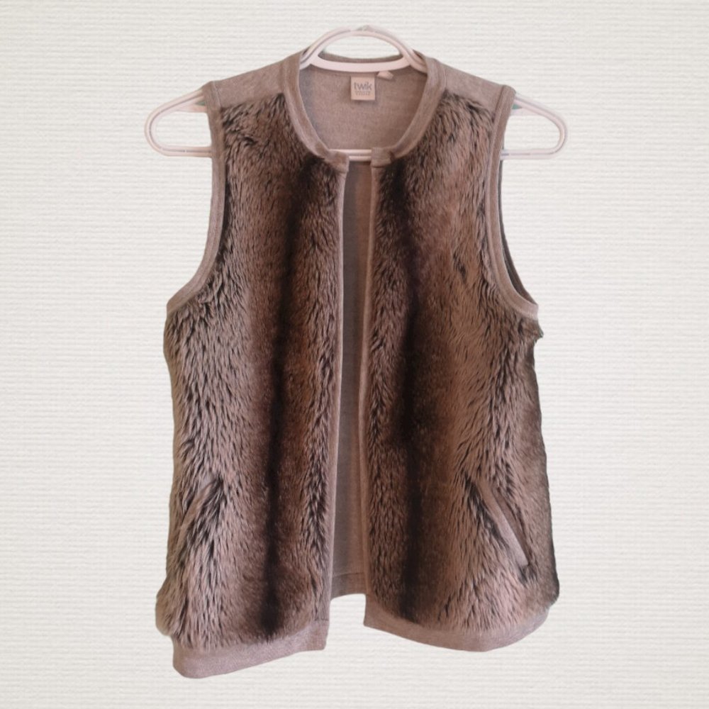 TWIK Simons Cozy Faux Fur Open Knit Cardigan Vest in Tan and Brown